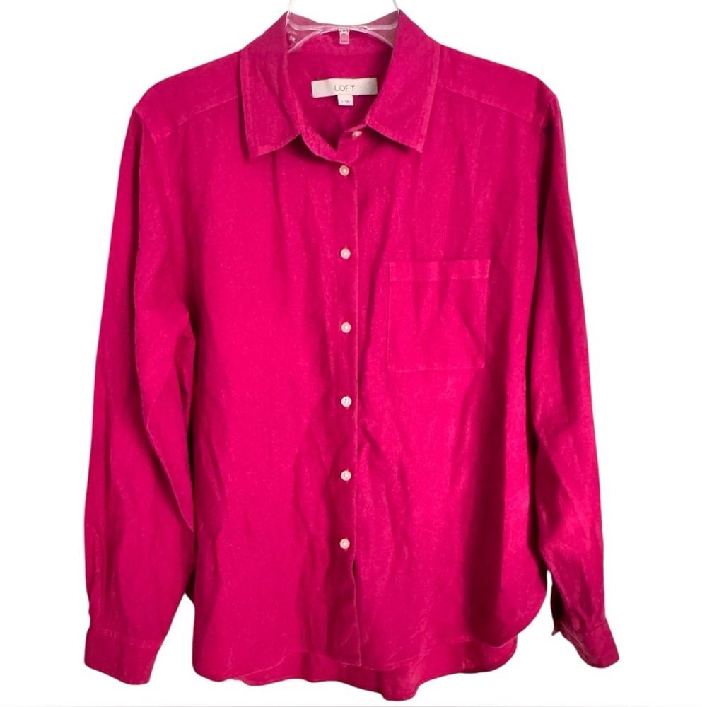 LOFT Size Small Fuchsia Pink 100% Linen Long Sleeve Button Down Shirt